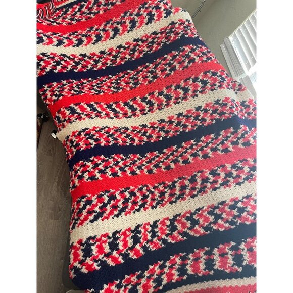 Vintage Handmade Red White Blue Patterned Fringe Afghan 70in x 57in